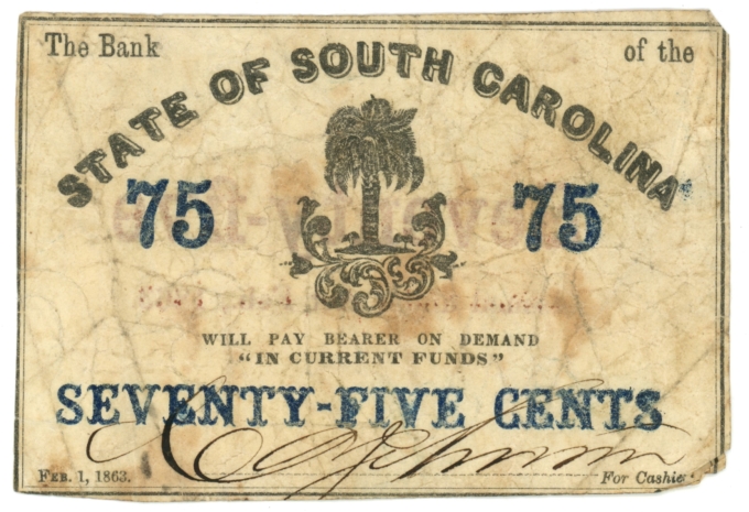 1863 Bank of the State of South Carolina, Charleston SC 75c Note (63534)