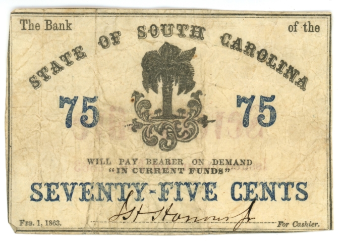 1863 Bank of the State of South Carolina, Charleston SC 75c Note (63535)