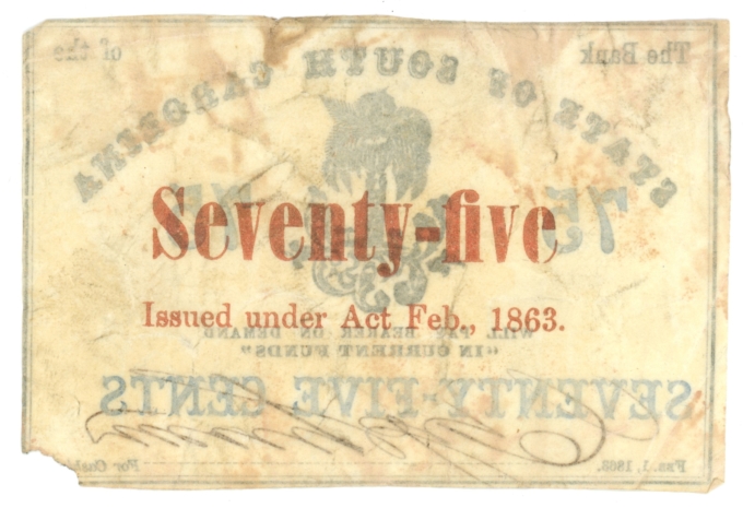 1863 Bank of the State of South Carolina, Charleston SC 75c Note (63533)