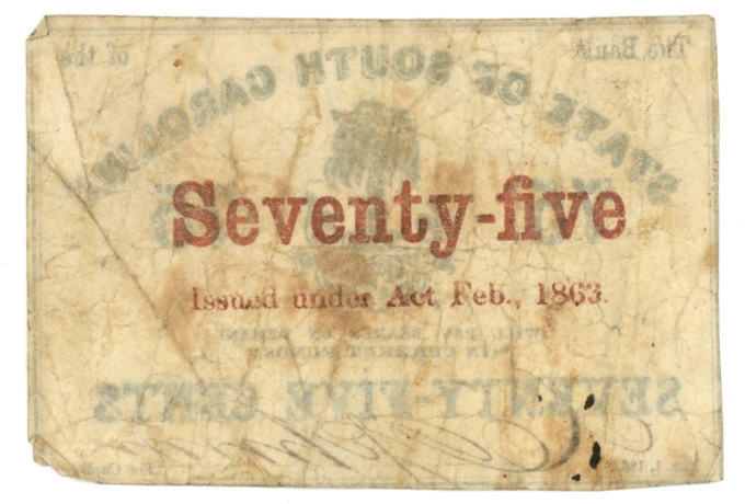 1863 Bank of the State of South Carolina, Charleston SC 75c Note (63534)