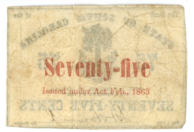 1863 Bank of the State of South Carolina, Charleston SC 75c Note (63535)