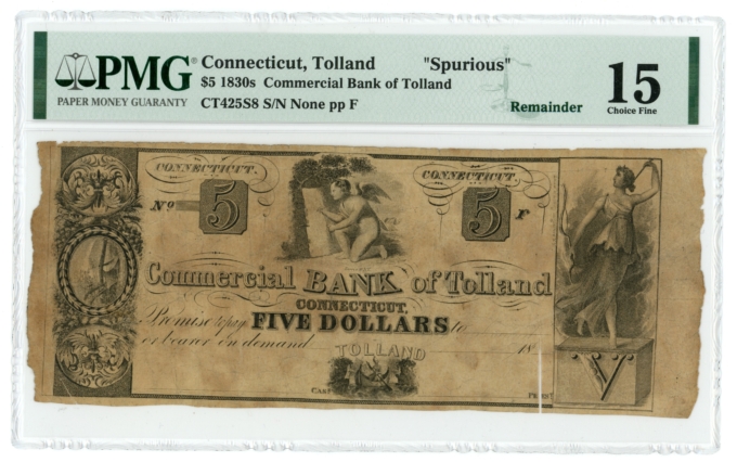 1830s $5 Bank of Tolland CT PMG F15 Spurious (L4943)