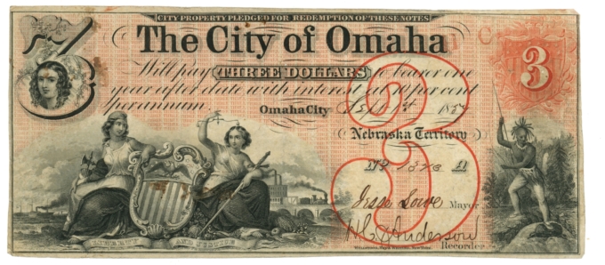 1857 City of Omaha, Omaha City, Nebraska Territory $3 Obsolete Note (63537)