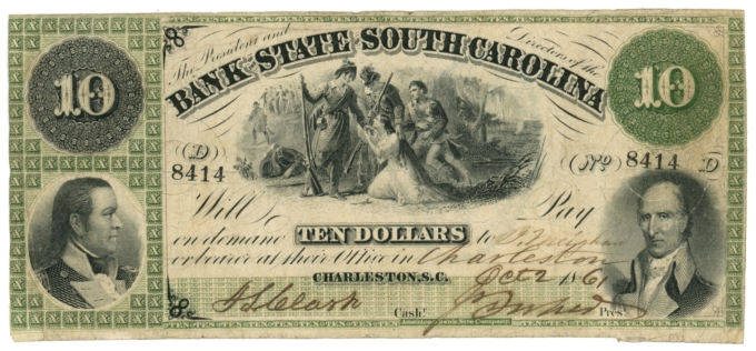 1861 Bank of the State of South Carolina, Charleston, SC $10 Note (63538)