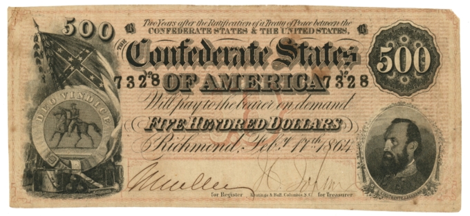 T-64 1864 Confederate States of America $500 Note No.7328 (63536)