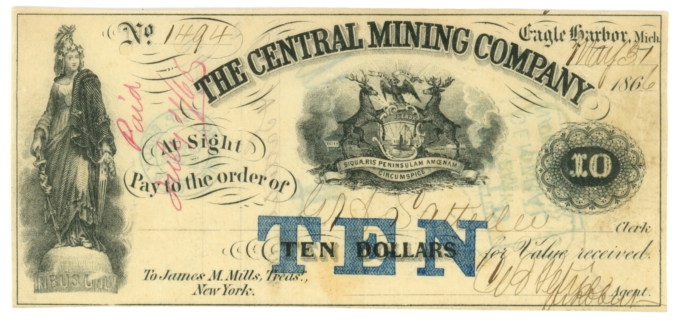 1866 Central Mining Company, Eagle Harbor, Michigan $10 Obsolete Note (63539)