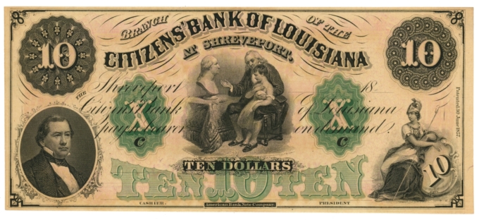 18XX Citizens' Bank of Louisiana, Shreveport, LA $10 Obsolete Note (63540)