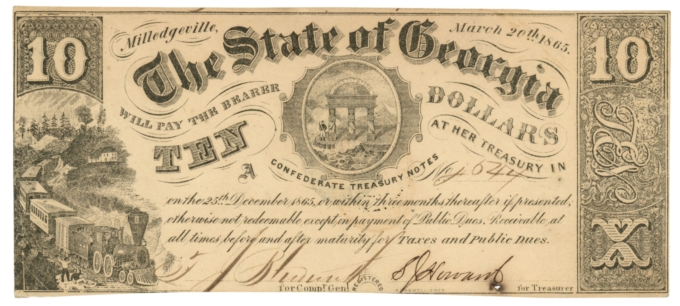 1865 State of Georgia, Milledgeville, GA $10 Obsolete Note CR-33 (63541)