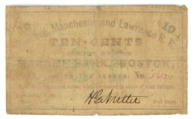 1862 Concord, Manchester & Lawrence R.R., Concord, New Hampshire 10c Note 63548