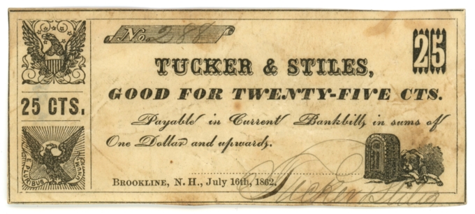 1862 Tucker & Stiles, Brookline, New Hampshire 25c Obsolete Scrip (63553)