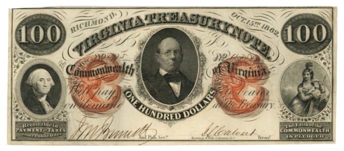 1862 Virginia Treasury Note, Richmond, VA $100 Obsolete Note CR-6 (63597)