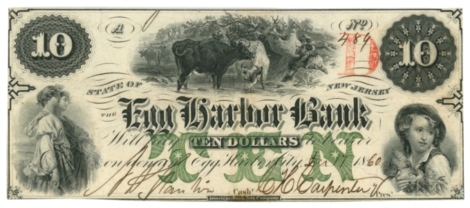 1860 Egg Harbor Bank, Egg Harbor City, New Jersey $10 Obsolete Note (63600)