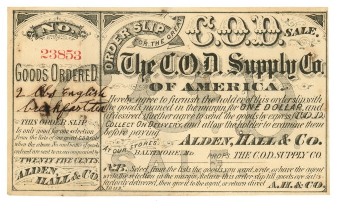 ND Alden, Hall & Co. - C.O.D Supply Co., Baltimore MD Order Slip (63630)