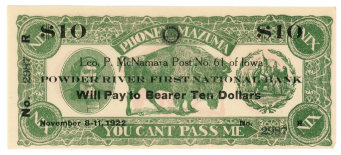 1922 Powder River First National Bank, Iowa $10 Scrip - Phoney Mazuma (63631)