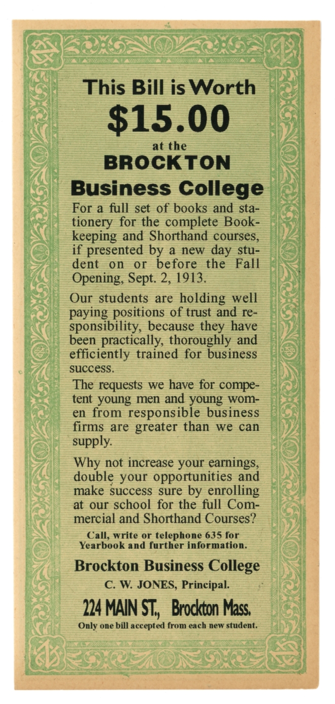 1913 Brockton Business College, Brockton, Massachusetts CSA Ad Note (63633)