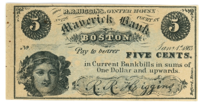 1863 R.R. Higgins, Maverick Bank, Boston, Massachusetts 5c Obsolete Note (63634)