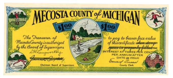 1933 Mecosta County of Michigan $1 Depression Era Scrip (63637)