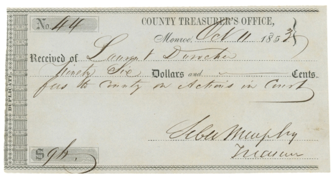 1853 County Treasurer's Office, Monroe, Michigan Payment Receipt (63638)