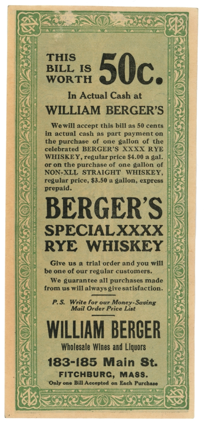 ND William Berger Wines & Liquors, Fitchburg, Massachusetts CSA Ad Note (63636)