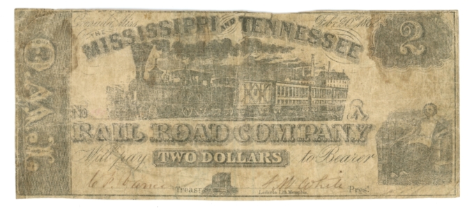 1862 Mississippi & Tennessee R.R. Co., Grenada, MS $2 Obsolete Note (63641)