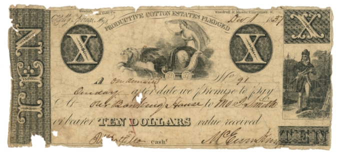 1837 Holly Springs, Mississippi $10 Obsolete Note No.91 (63639)