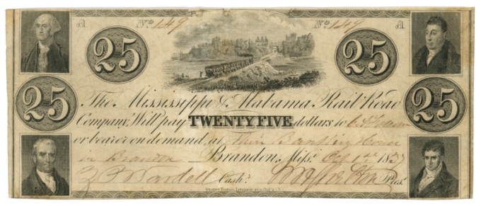 1837 Mississippi & Alabama R.R. Co., Brandon, MS $25 Obsolete Note (63644)