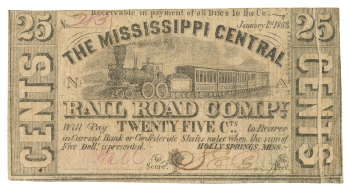 1863 Mississippi Central R.R. Co., Holly Springs, MS 25c Obsolete Note (63642)