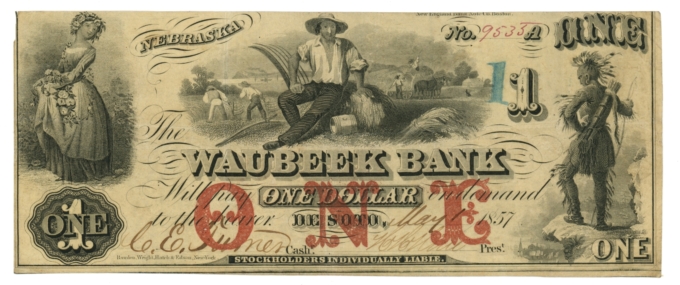 1857 Waubeek Bank, De Soto, Nebraska $1 Obsolete Note No.9535 (63647)