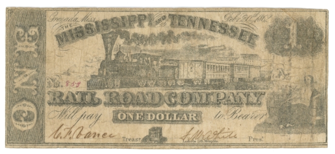 1862 Mississippi & Tennessee R.R. Co., Grenada MS $1 Obsolete Note (63646)