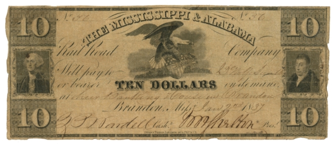 1837 Mississippi & Alabama R.R. Co., Brandon, MS $10 Obsolete Note (63645)