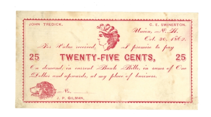 1862 Union, New Hampshire 25c Obsolete Scrip (63650)