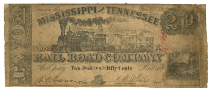 1862 Mississippi & Tennessee R.R. Co., Grenada, MS $2.50 Obsolete Note (63648)