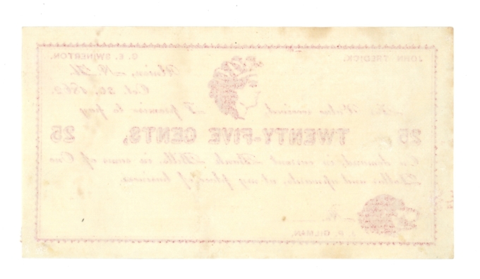 1862 Union, New Hampshire 25c Obsolete Scrip (63650)