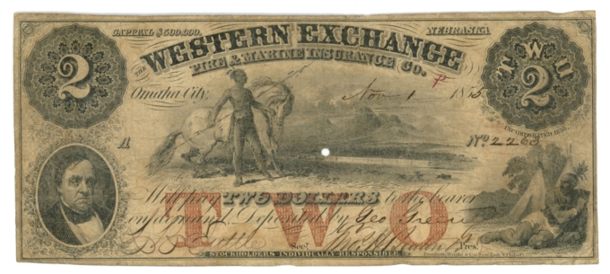 1855 Western Exchange Fire & Marine Insurance Co., Omaha City, NE $3 Note 63652