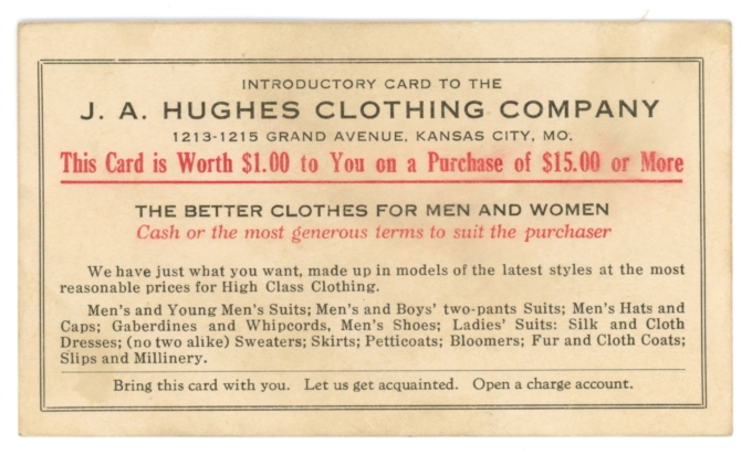 ND J.A. Hughes Clothing Company, Kansas City, Missouri Ad Coupon (63657)