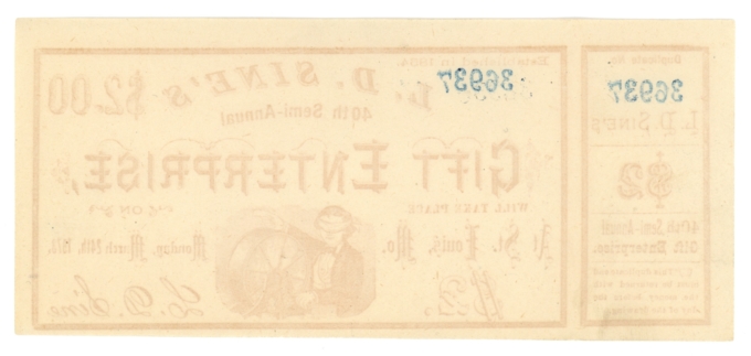 1873 L.D. Sine's Gift Enterprise, St. Louis, Missouri $2 Lottery Ticket (63660)