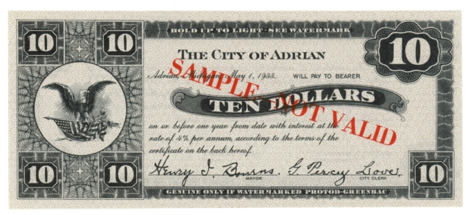 1933 City of Adrian, Michigan $10 Depression Era Scrip - Sample Note (63663)