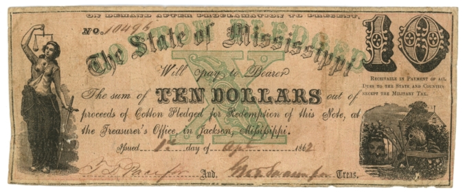 1862 State of Mississippi, Jackson, MS $10 Note CR-17A - Cotton Pledged (63662)