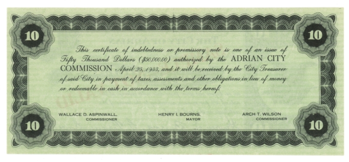 1933 City of Adrian, Michigan $10 Depression Era Scrip - Sample Note (63663)