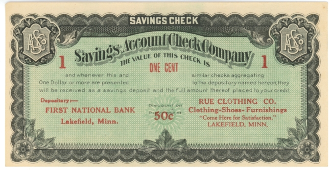 ND Savings Account Check Company, Lakefield, Minnesota 1c Savings Check (63665)