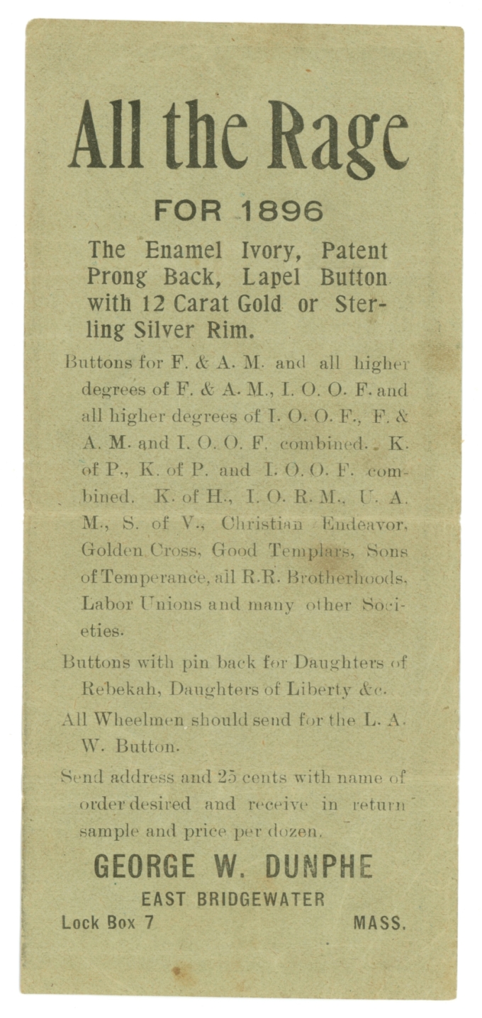 1896 George W. Dunphe - All the Rage, East Bridgewater, MA CSA Ad Note (63666)