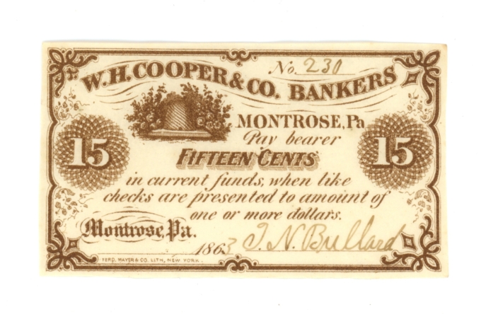 1863 W.H. Cooper & Co. Bankers Montrose PA 15 Cents (L5057)
