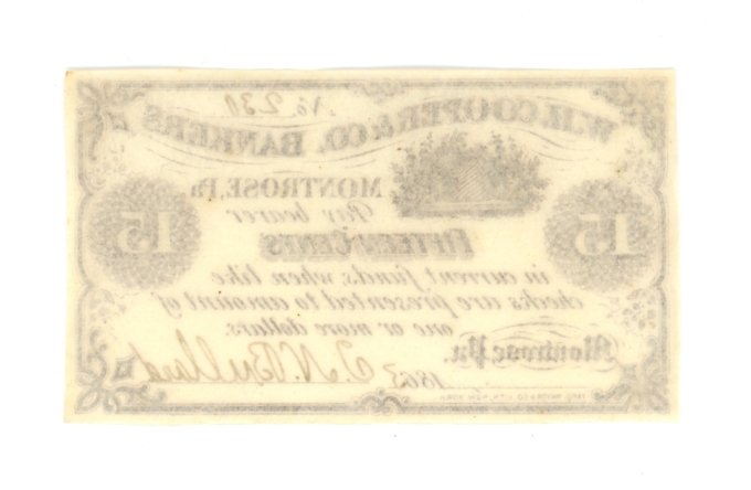 1863 W.H. Cooper & Co. Bankers Montrose PA 15 Cents (L5057)