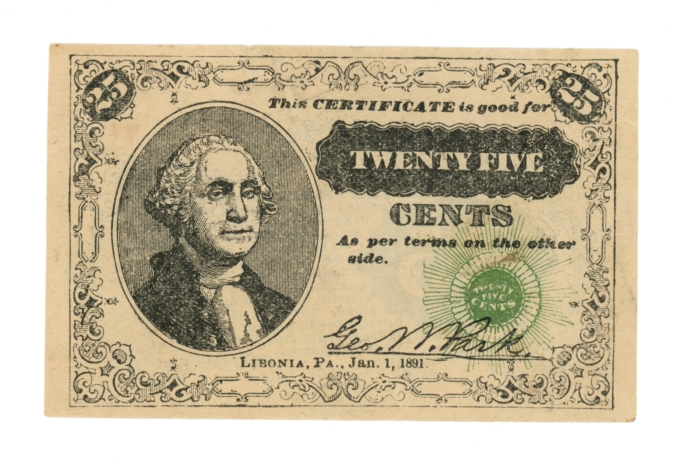 1891 Libonia Pennsylvania 25 Cents PA (L5166)