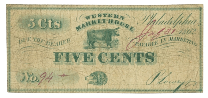1862 Western Market House Philadelphia 5 Cents PA (L5170)