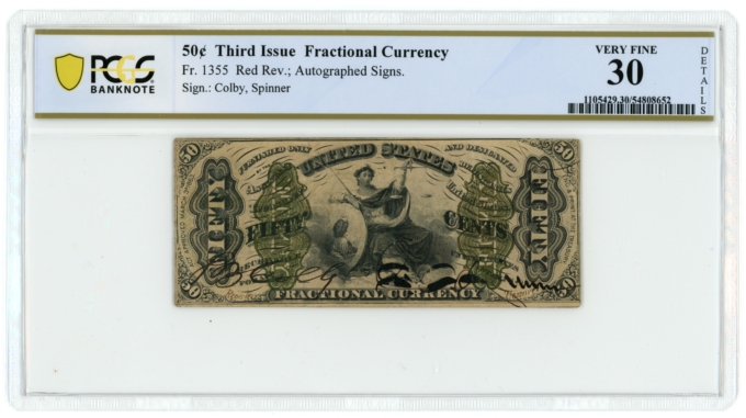 FR-1355 Third Issue US Fractional Currency 50c Note PCGS VF30 Details (64038)