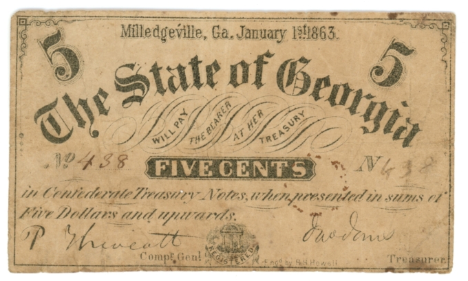 1863 State of Georgia Milledgeville GA 5c Obsolete Note CR-19 (63936)