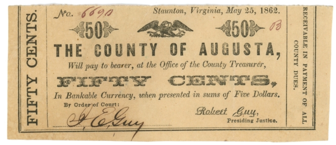 1862 County of Augusta Virginia Staunton VA 50c Obsolete Note (64009-3)
