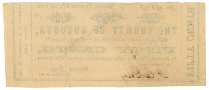 1862 County of Augusta Virginia Staunton VA 50c Obsolete Note (64009-3)