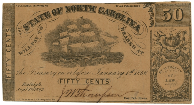 1862 State of North Carolina Raleigh NC 50c Obsolete Note CR-100 (64037)